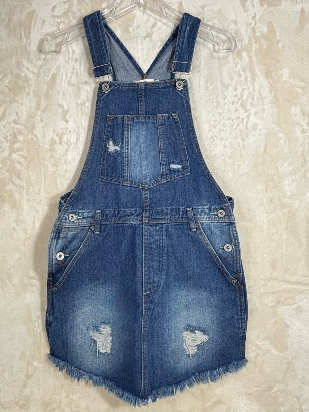 Umgee Light Blue Raw Hem Distressed Denim Overalls Mini Dress Size S NWOT